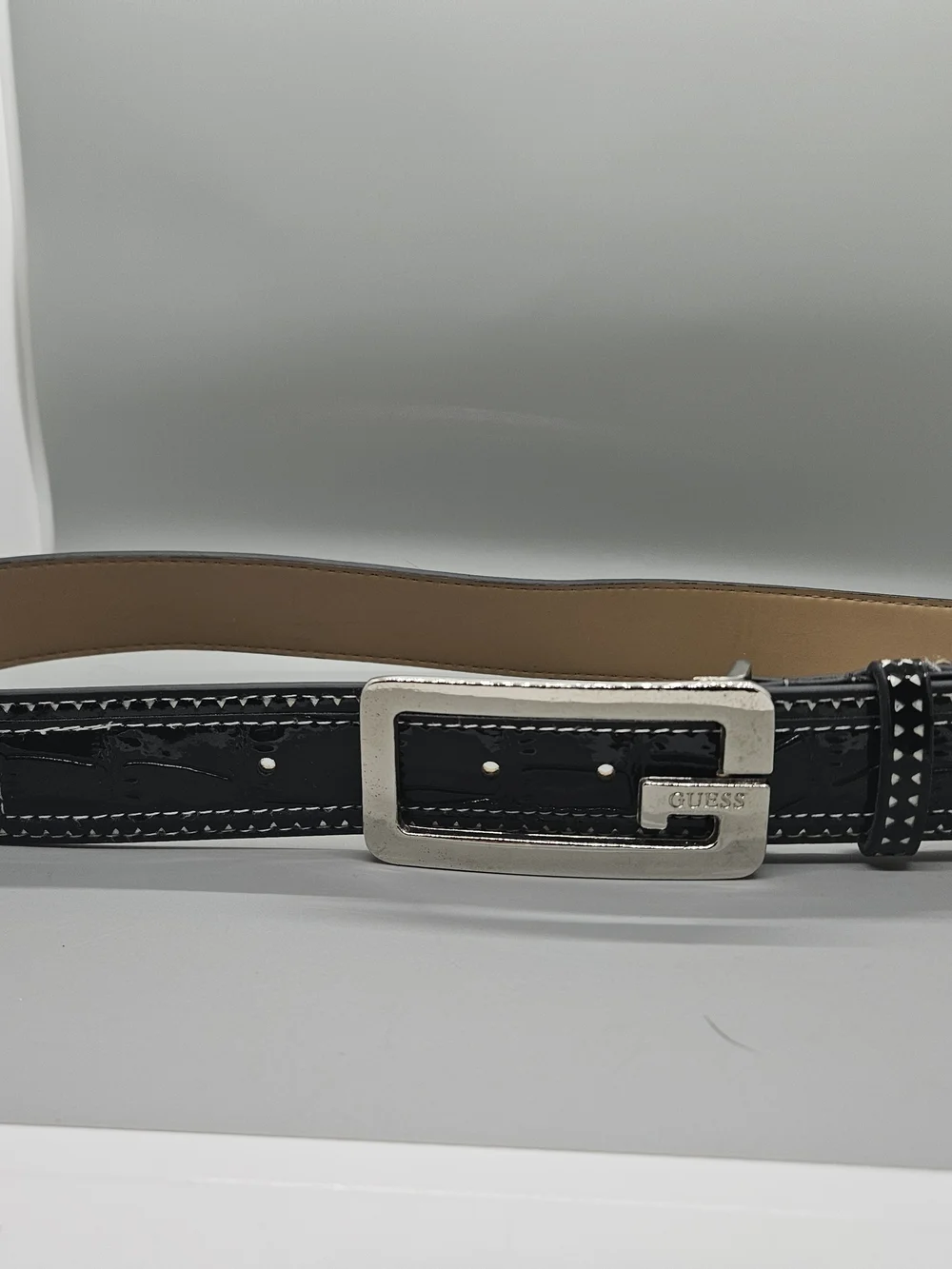 GUESS Womens Belt Size Small Black Patent Faux Croc Y2K Silver G Buckle 918076